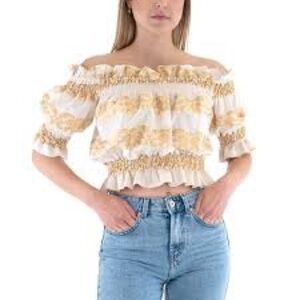 Kasia  Off-Shoulder Ruffle Top embroidered Cream Gold blouse small sexy